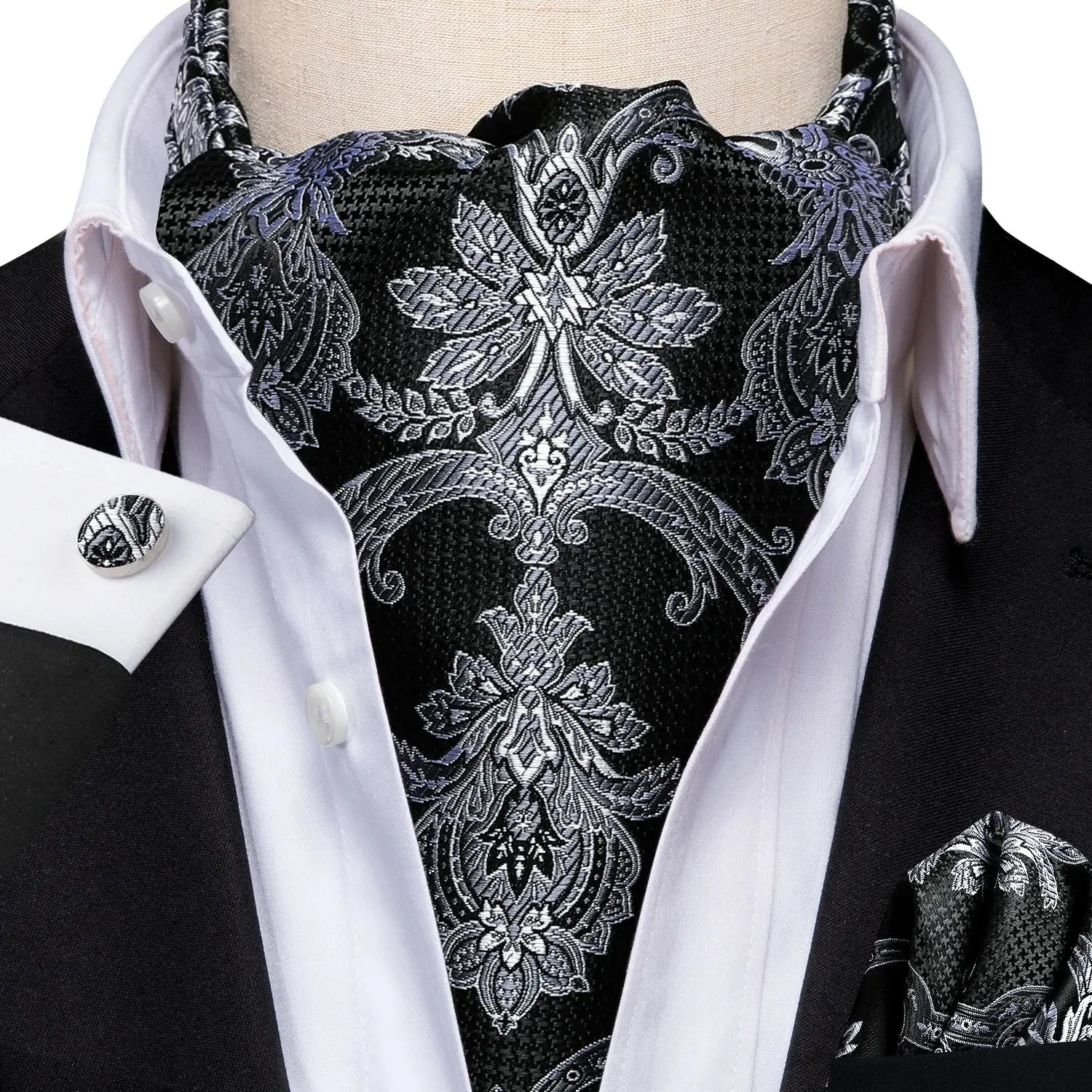 Complete tie set with Golden Hour Ascot, pocket square, and cufflinks.
