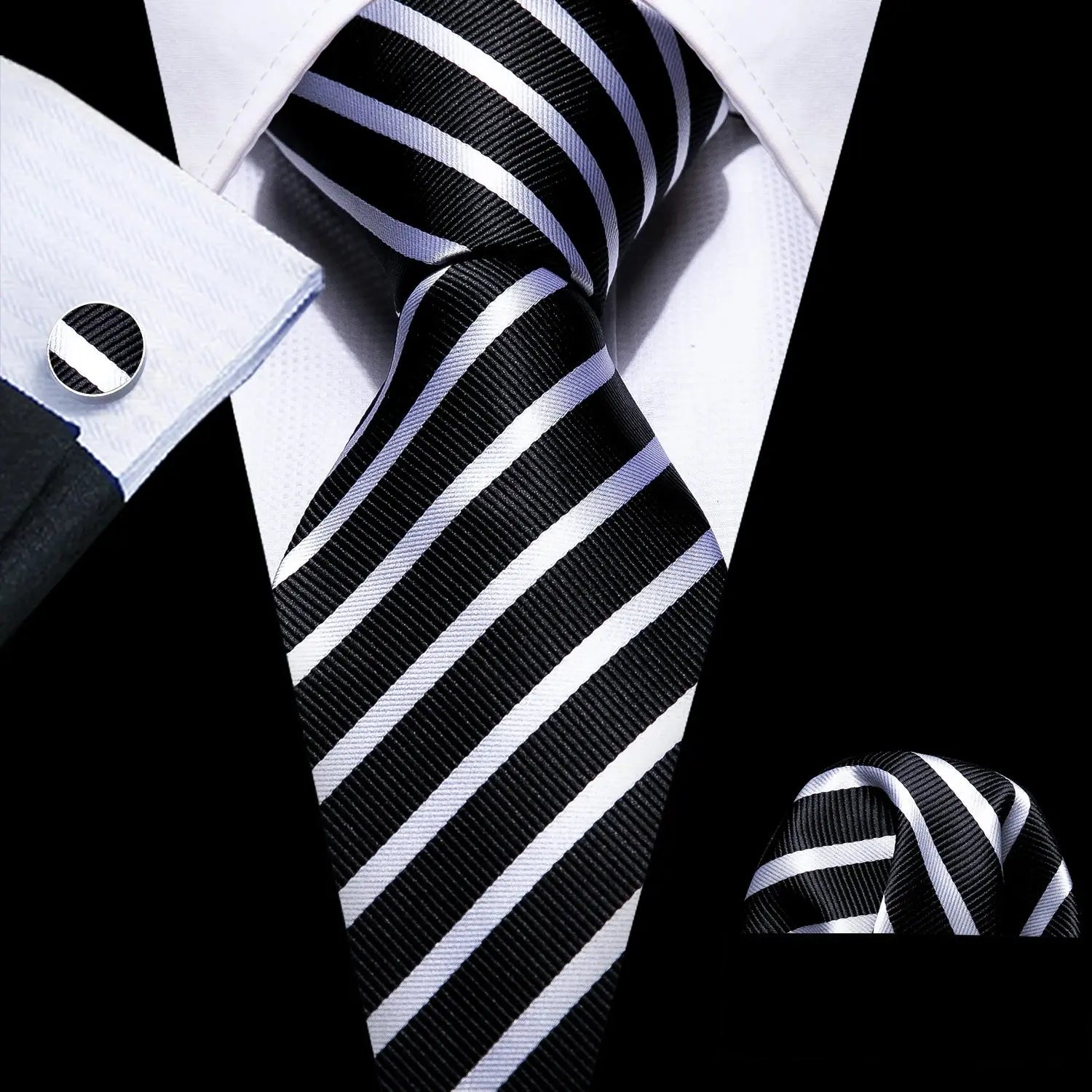 Sophisticated black silk tie with matching cufflinks for men