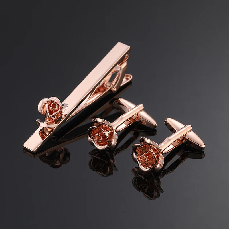 Cufflinks with rose patterns and crystal inlays, ideal for high-stakes business settings.