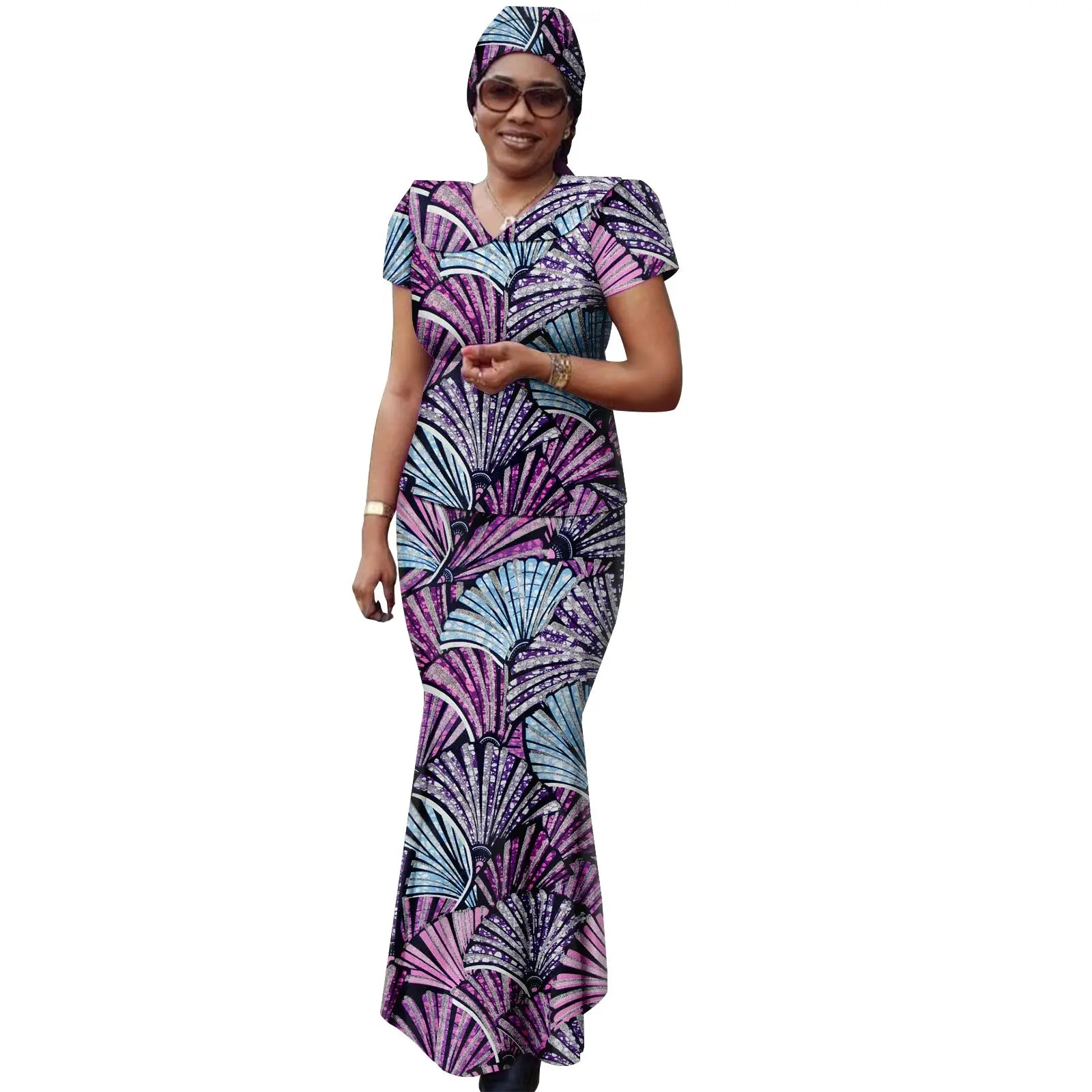 African Women Ankara Print Doll Collar Top, Skirt & Headscarf 3-Piece Set