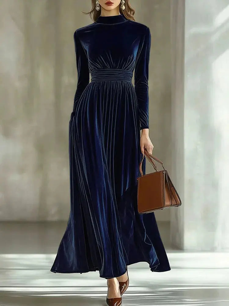 Half-high collar detail of the Velvet Whisper Dress, adding sophistication.