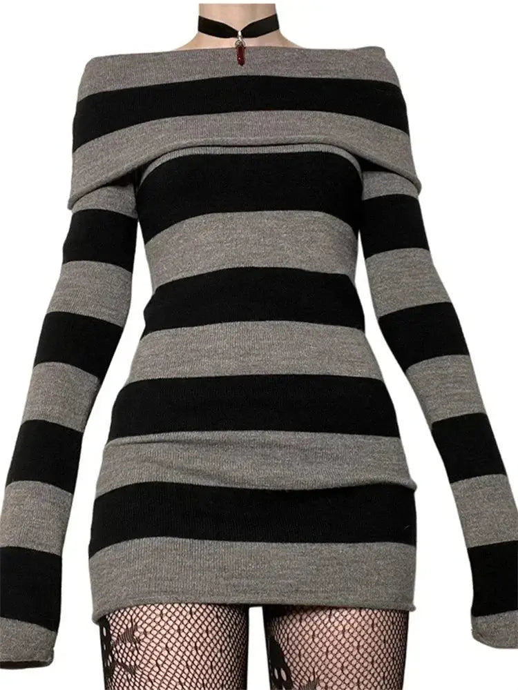 Close-up of the boat-neck design on the Midnight Confidence Striped Bodycon Dress, highlighting elegance.