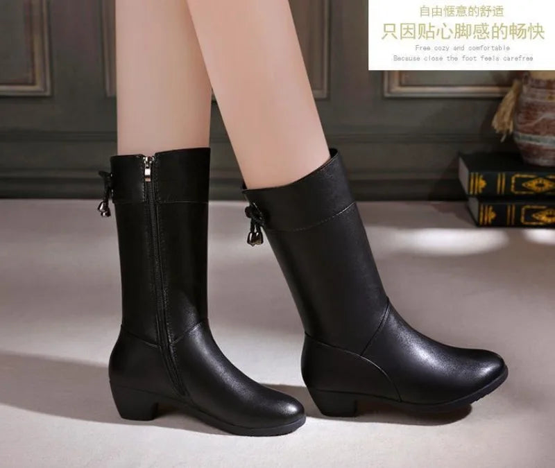 Women's winter leather boots with square heel and easy side zipper access