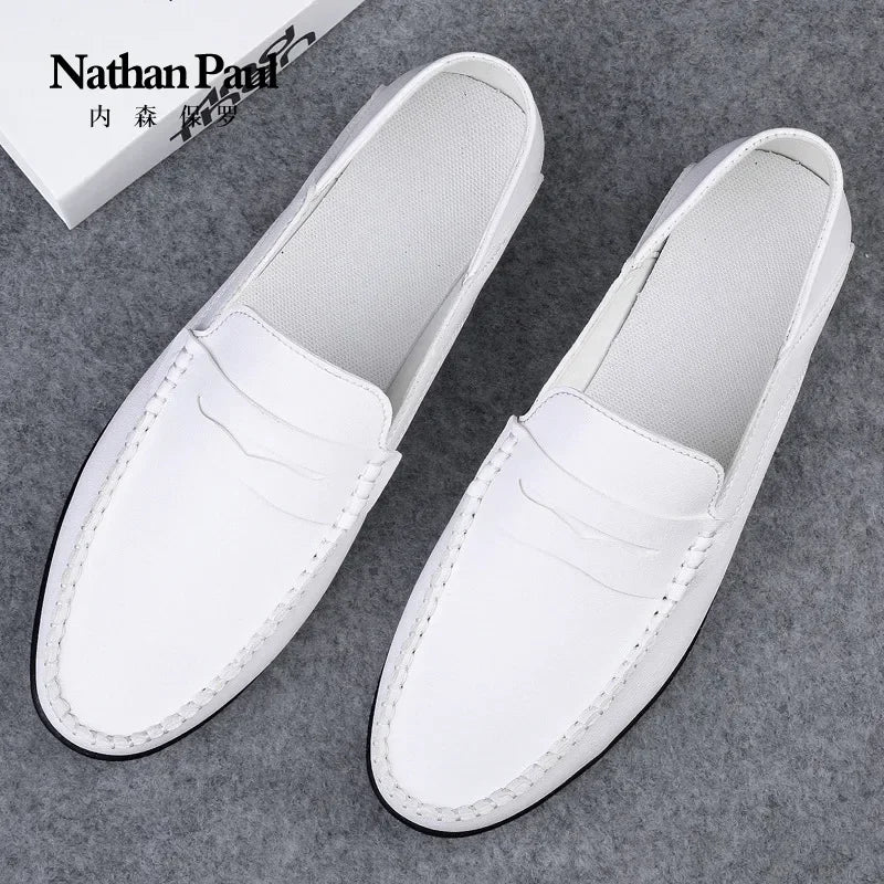 Soft brown leather bean shoes for men with slip-on design and rubber sole