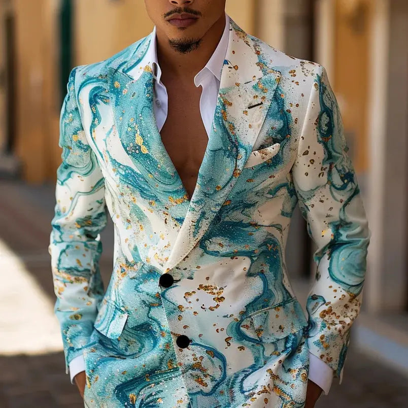 Back view of the tailored men's suit, emphasizing its striking silhouette.
