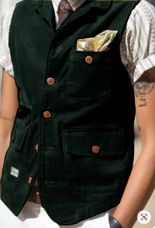 Model at a wedding wearing the corduroy vest, exuding confidence and class.