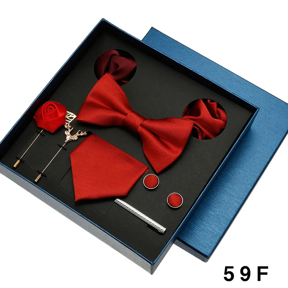 Matching formal tie set with bowtie, pocket square and silver cufflinks for men