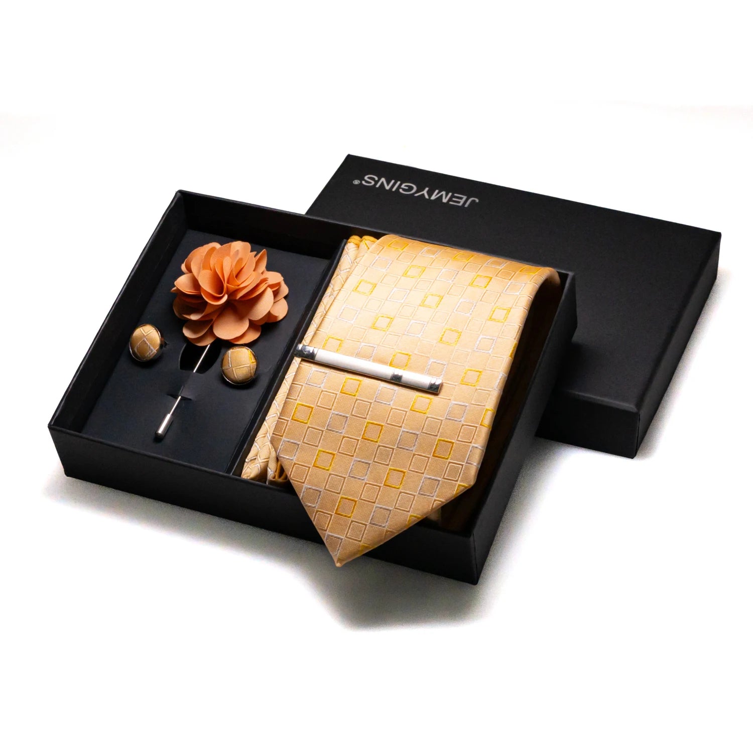 Premium gift ensemble with silk tie, matching handkerchief and formal accessories