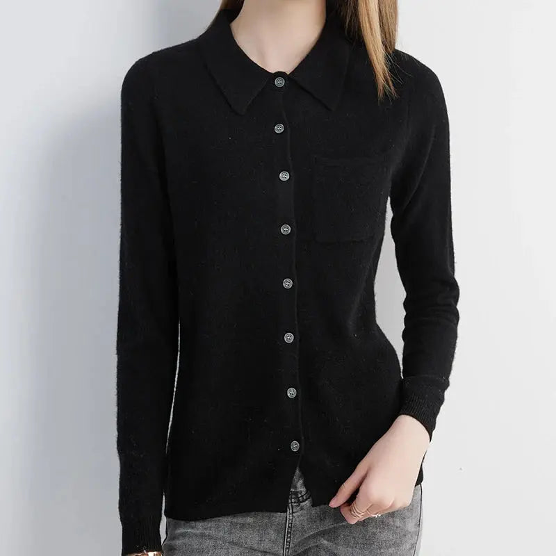 Model wearing the Merino Wool Cardigan, demonstrating its adaptive warmth and style.
