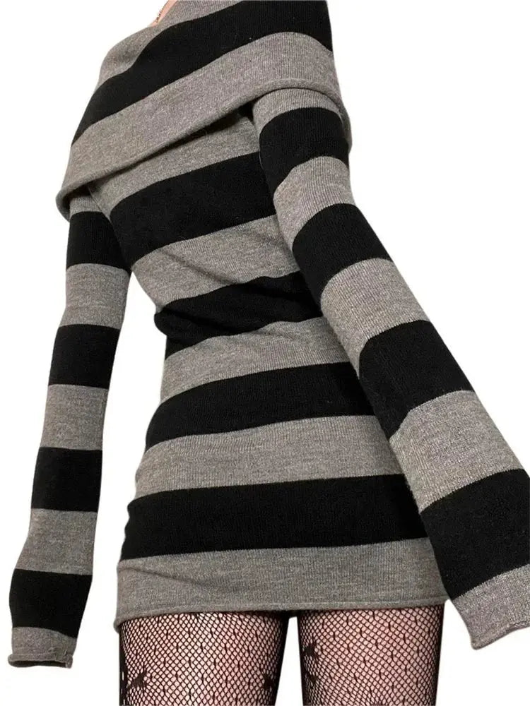 Model wearing the Midnight Confidence Striped Bodycon Dress, emphasizing its figure-flattering fit.