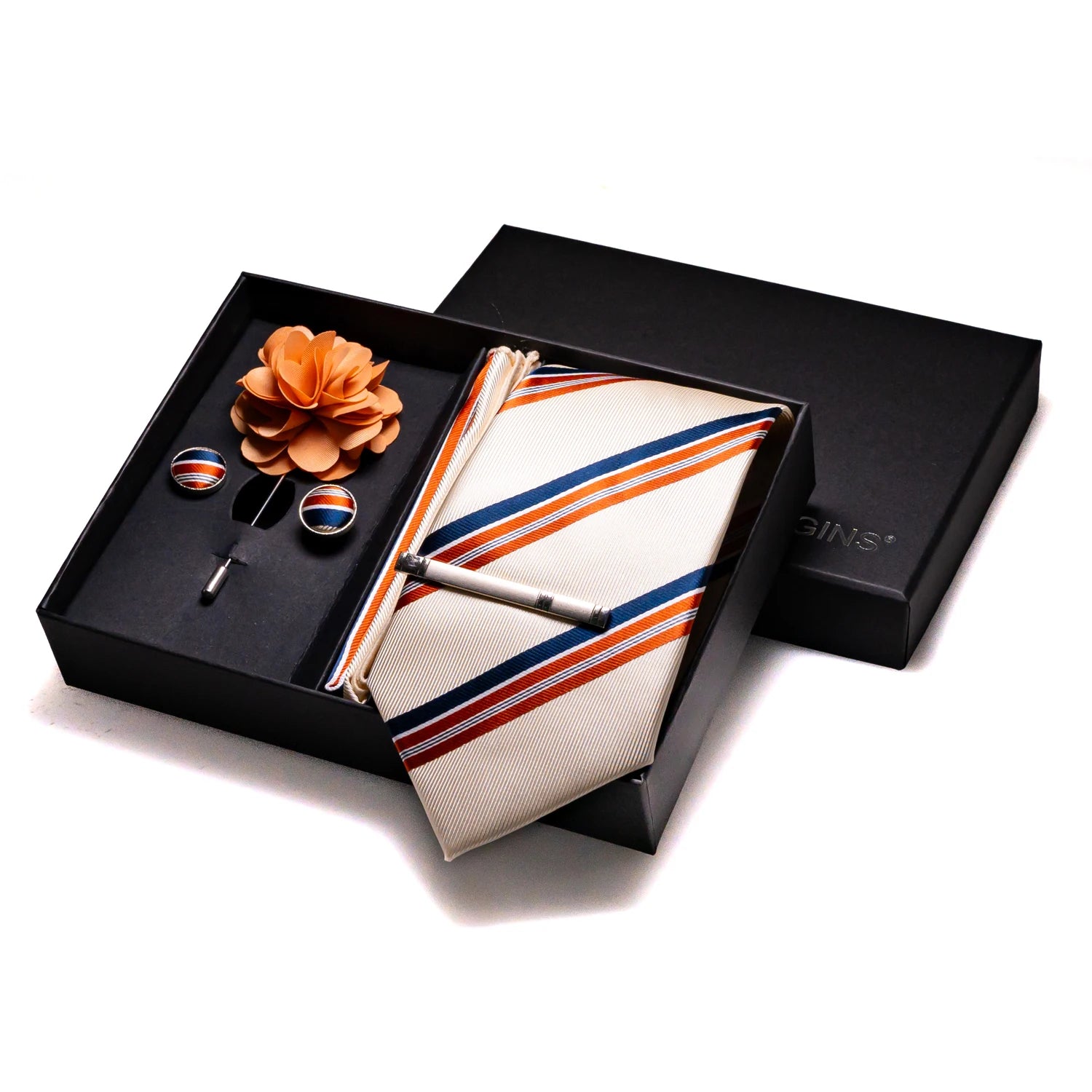 Warm-toned silk tie ensemble with sophisticated geometric weave and matching accessories