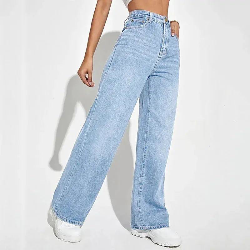 Full-length shot of women's high-waist denim, perfect for transitioning from desk to dinner.