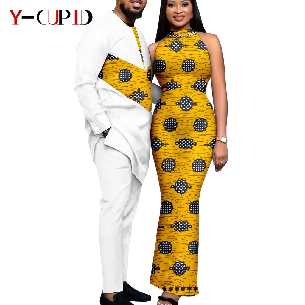 African Print Dresses for Women Couple Matching Clothing for Wedding Men Outfits Dashiki Top and Pants Sets Bazin Riche Y23C030