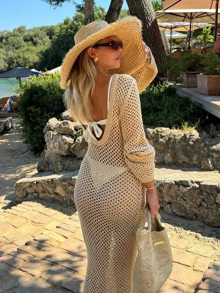 Back view of the Whisper of Waves Crochet Maxi Cover-Up, featuring the ankle-length design and hollow-out details.