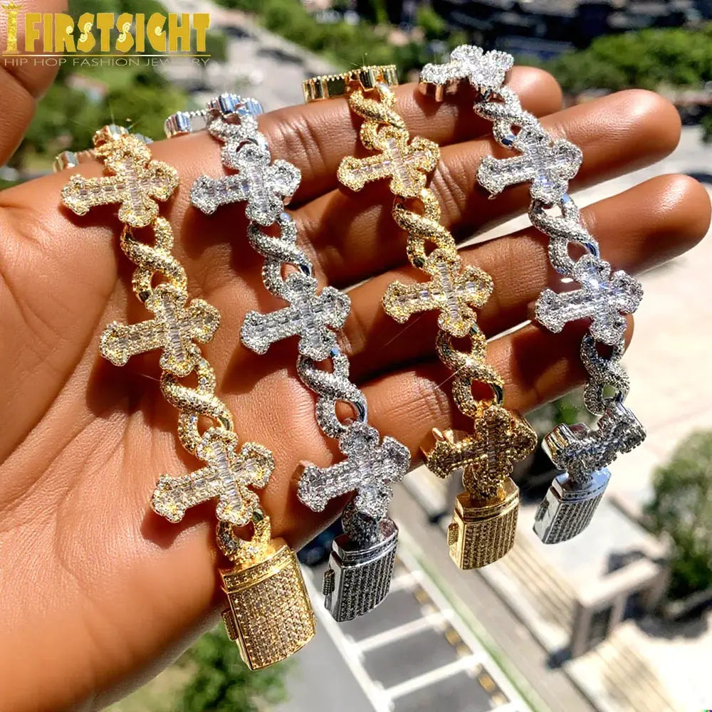 Stylish Cross Charm Bracelet featuring a durable Cuban chain and secure spring-ring clasp.