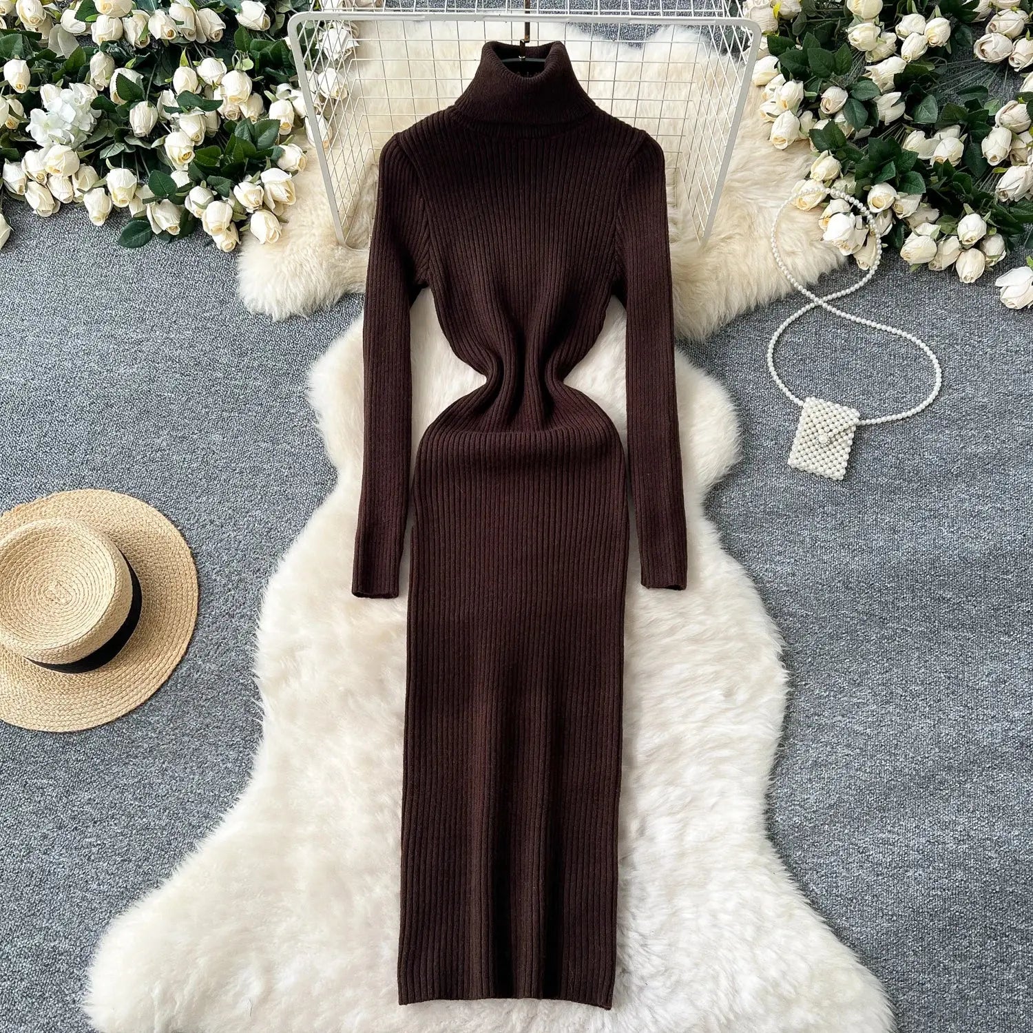 Model transitioning from day to night in the Winter Whisper Dress, demonstrating its adaptability.