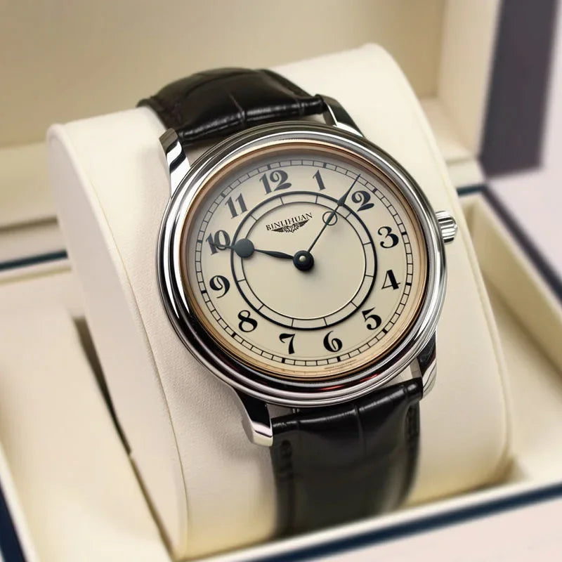 Men's quartz watch with moon phase display and luminous hands on a leather strap.