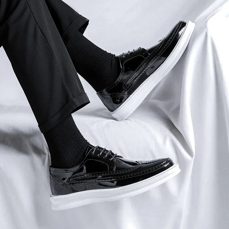 Mirror-shine patent leather business shoes with durable rubber sole and height-enhancing comfort technology
