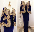 Midnight blue velvet gown with gold lace accents, perfect for prom night elegance.