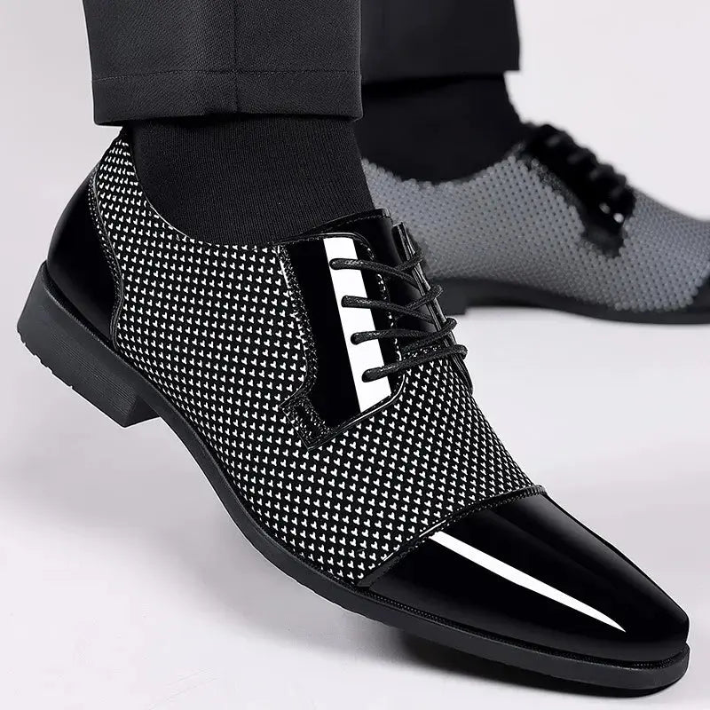 Sleek black Oxford shoes with polished patent PU leather finish.