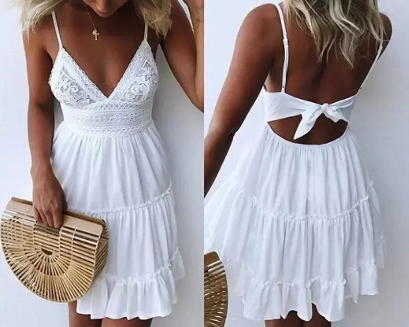 Backless A-line sundress in light blue, perfect for beach parties and summer gatherings.
