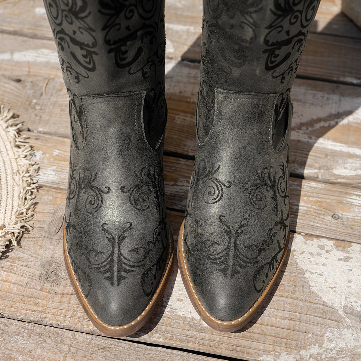 Mid-calf boots with bohemian embroidery and supportive square heel