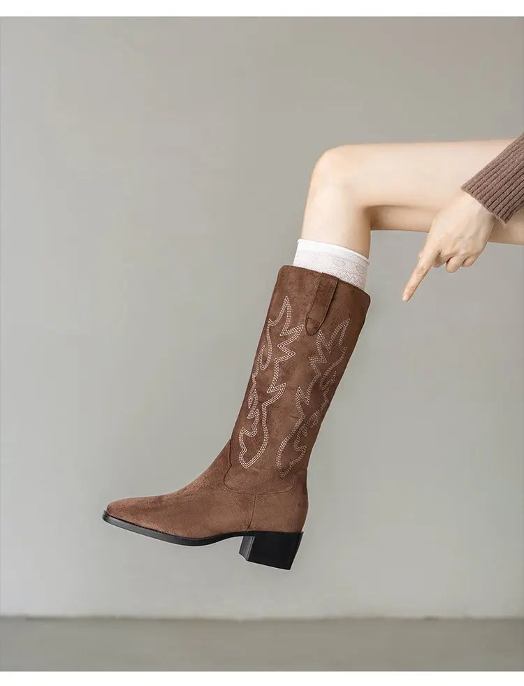 Brown leather Western boots with colorful thread embroidery on calf