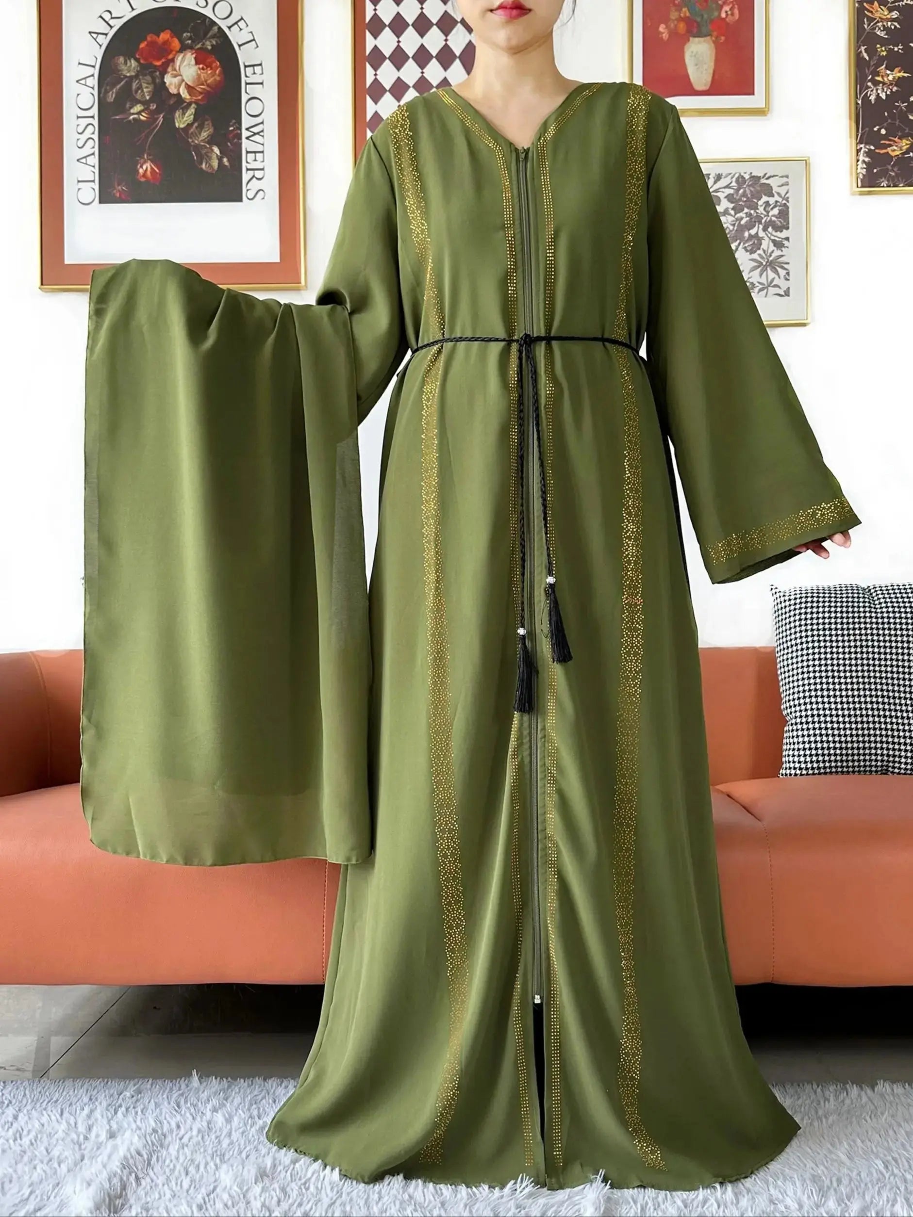 Side angle of the abaya, emphasizing its elegant silhouette and breathable fabric.