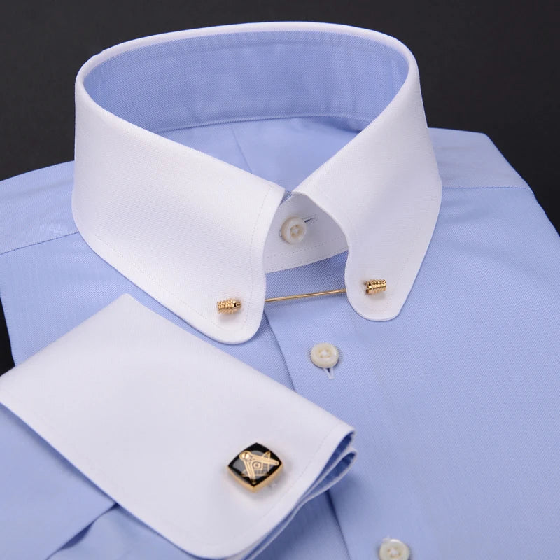 Close-up of the pinhole collar detail on the men's business shirt.