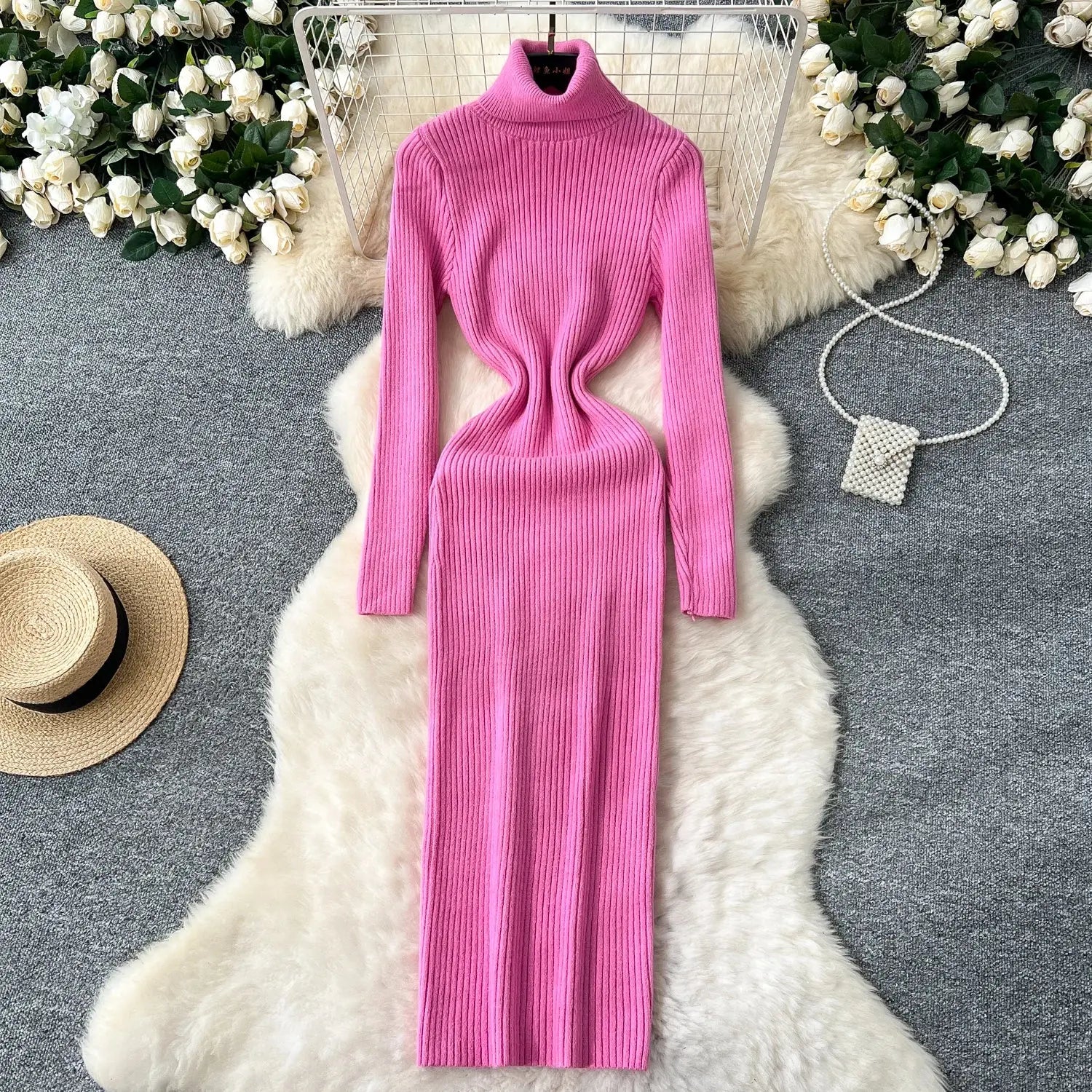 Flat lay of the Winter Whisper Dress with winter accessories, ideal for versatile styling.