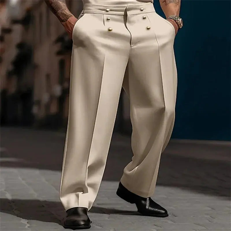Model wearing versatile business trousers, showcasing a polished look for meetings.