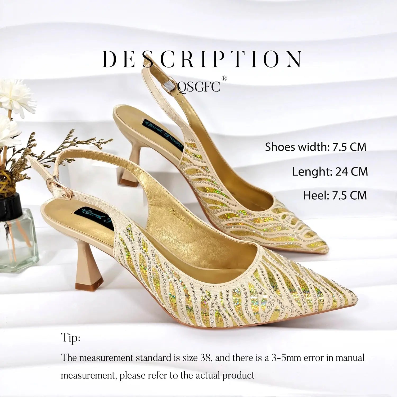 Shimmering gold finish on heels, perfect for turning heads at events.