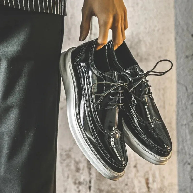 Glossy patent leather lace-up shoes with EVA cushioned insole and weather-resistant grip for modern professionals