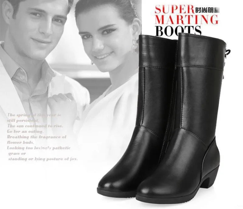 Stylish mid-calf boots featuring premium leather and cozy plush lining