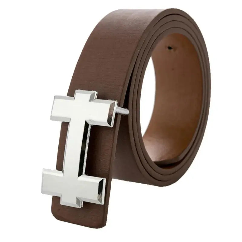 Elegant I-Buckle belt in rich brown PU leather, perfect for adding sophistication to any outfit.