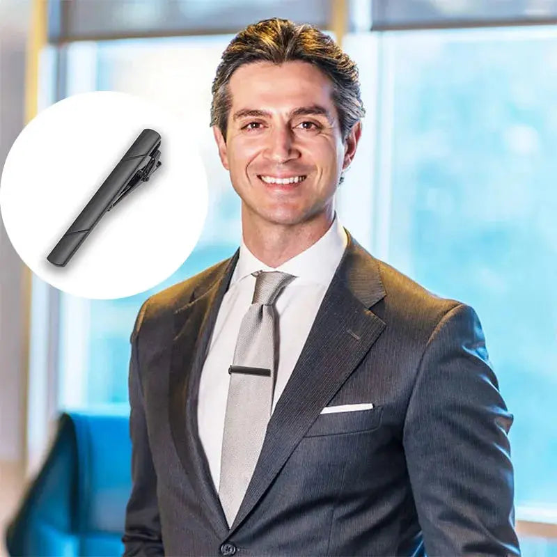 Close-up of durable stainless steel tie clip, perfect for business settings.