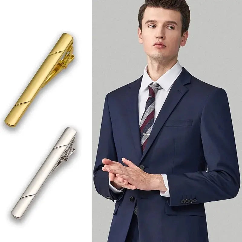 Elegant black tie clip with no-slip feature, ideal for secure fastening.