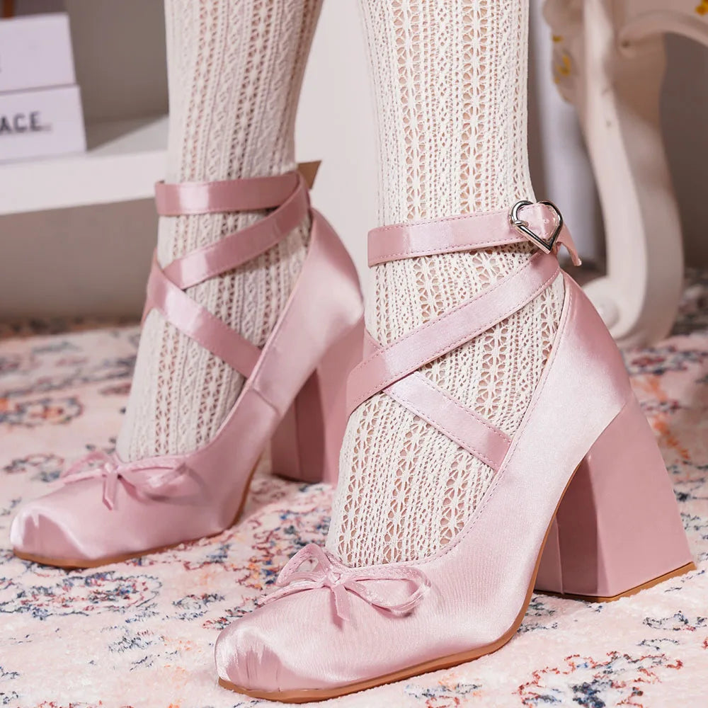 Blush satin heels with non-slip rubber outsole for safe movement.