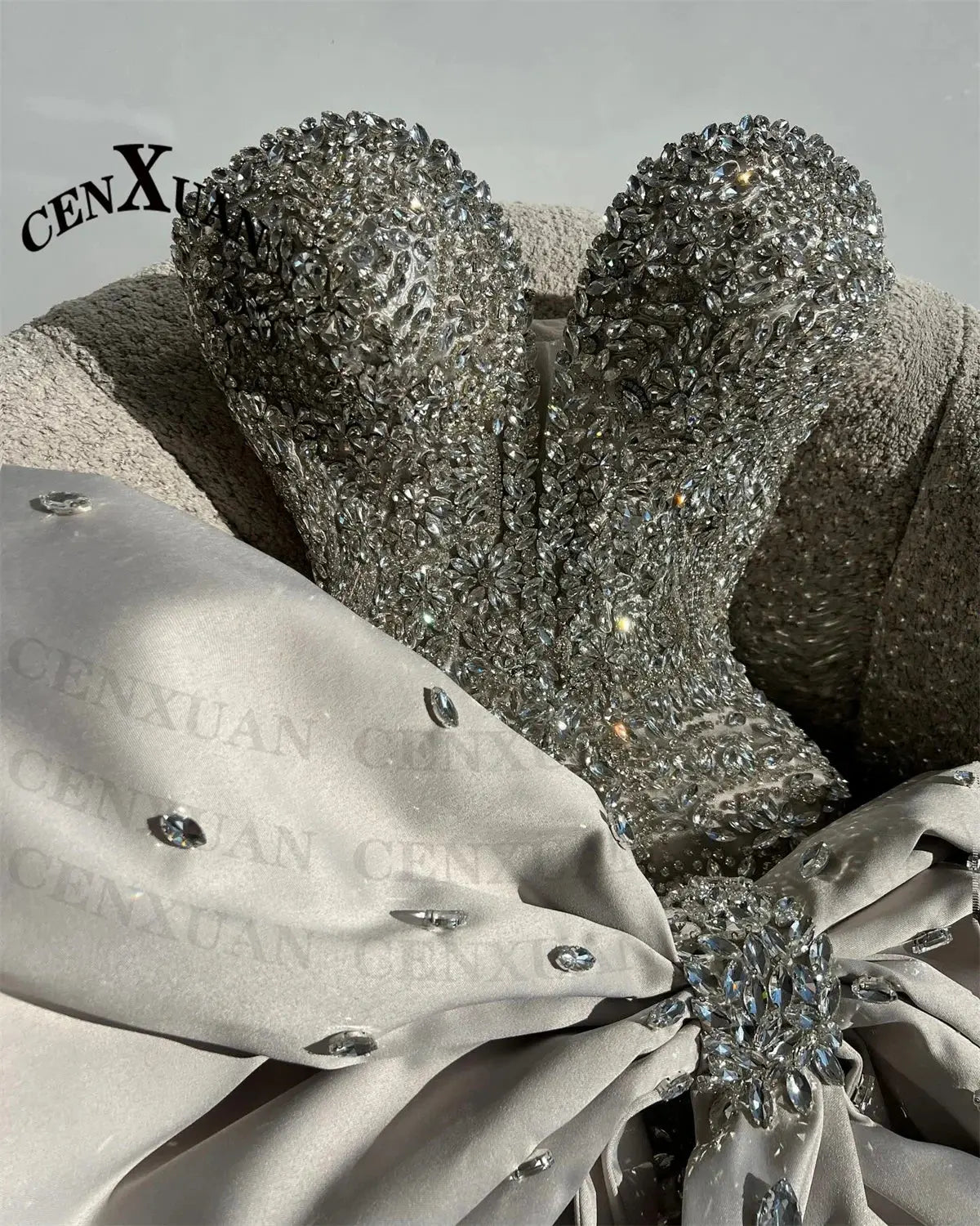 Model wearing the Rhinestone Bow Gala Dress, highlighting its tailored fit and comfortable design.
