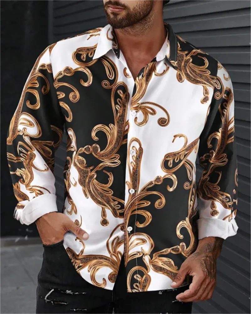 Men's Command the Room Silk-Blend Shirt in navy with 3D print design.