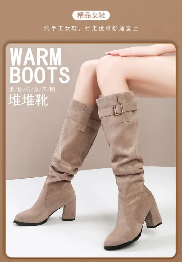 Lined waterproof suede boots with pleated detailing and medium height heel