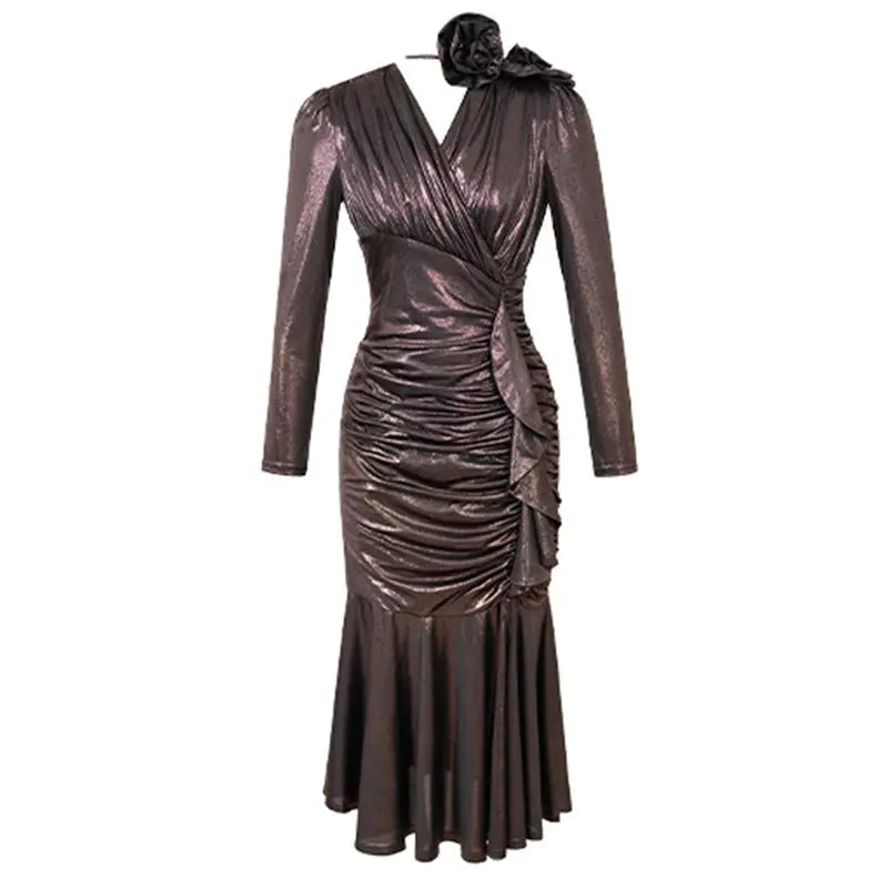 Group of women in stylish outfits, featuring the Midnight Shimmer Dress as a standout cocktail attire.
