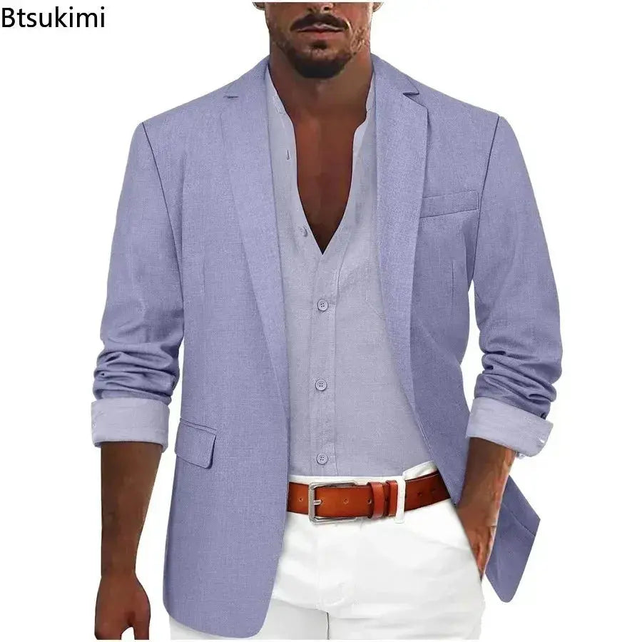 Side view of tailored business blazer, emphasizing sharp silhouette.