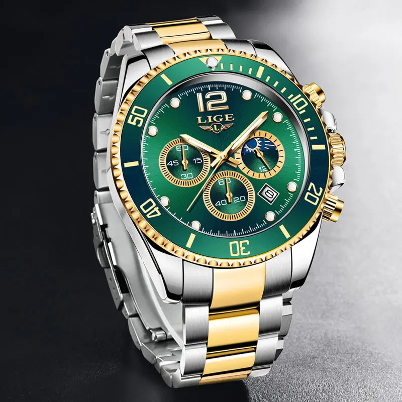LIGE stainless steel watch with luminous display for precision timekeeping.