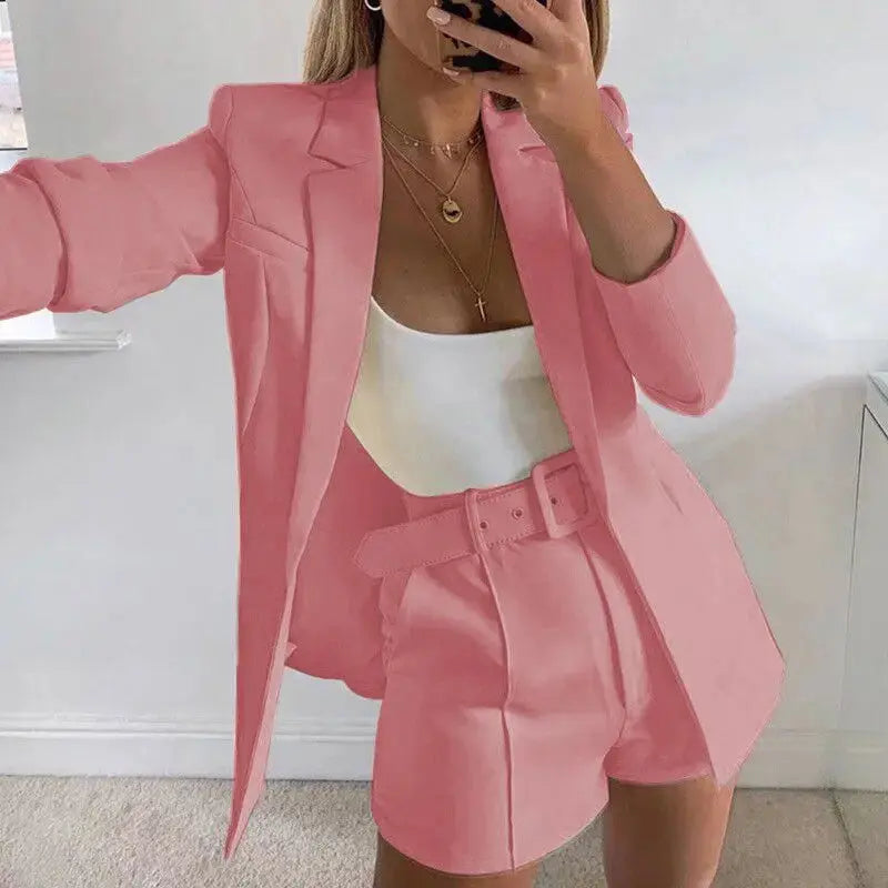 Navy blazer and shorts set, versatile for autumn fashion and spring office wear.