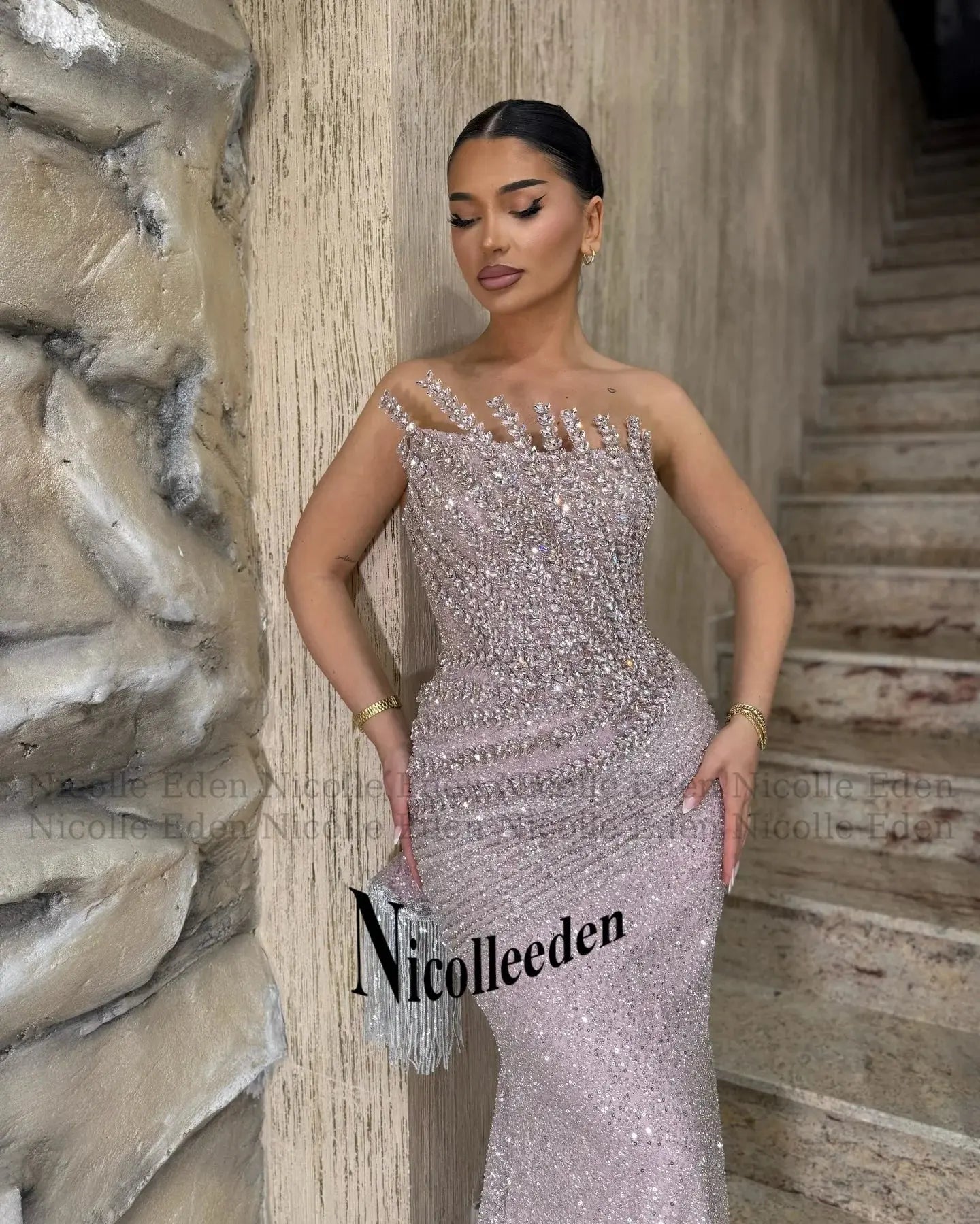 Close-up of the exquisite beading on the Twilight Shimmer strapless formal dress.