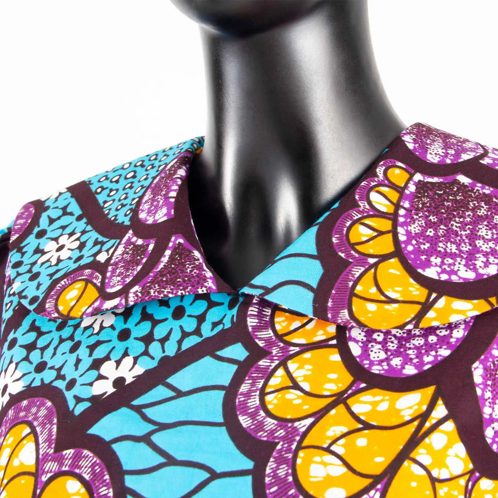 African Women Ankara Print Doll Collar Top, Skirt & Headscarf 3-Piece Set