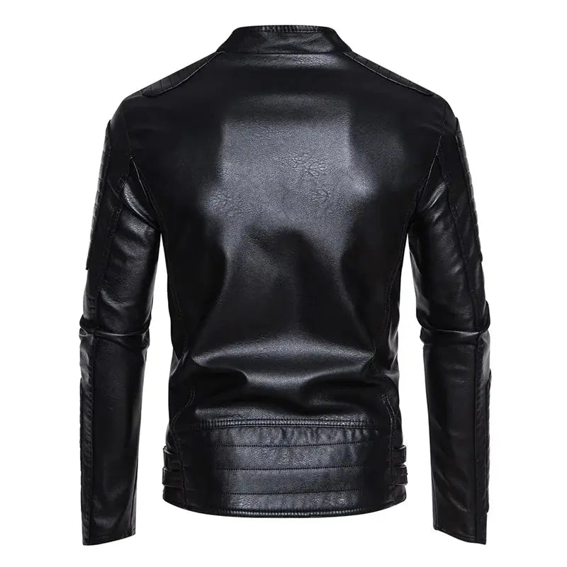 Stylish leather biker jacket designed for year-round versatility and business casual aesthetics.