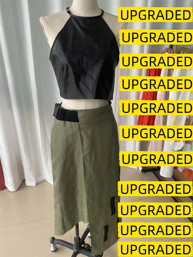 Statement black leather-look two-piece featuring sleeveless top and side-slit skirt