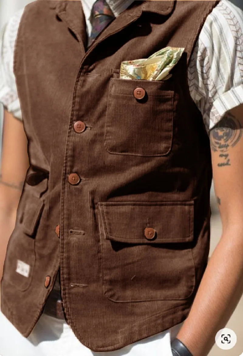 Close-up of the premium cotton-polyester blend fabric of the corduroy vest.